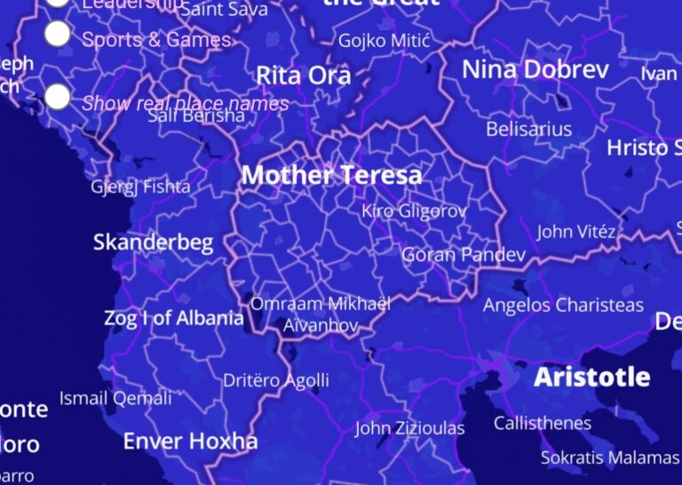Карта со најпознатите личности од светот, од Македонија се Мајка Тереза, Јустинијан, Тоше….