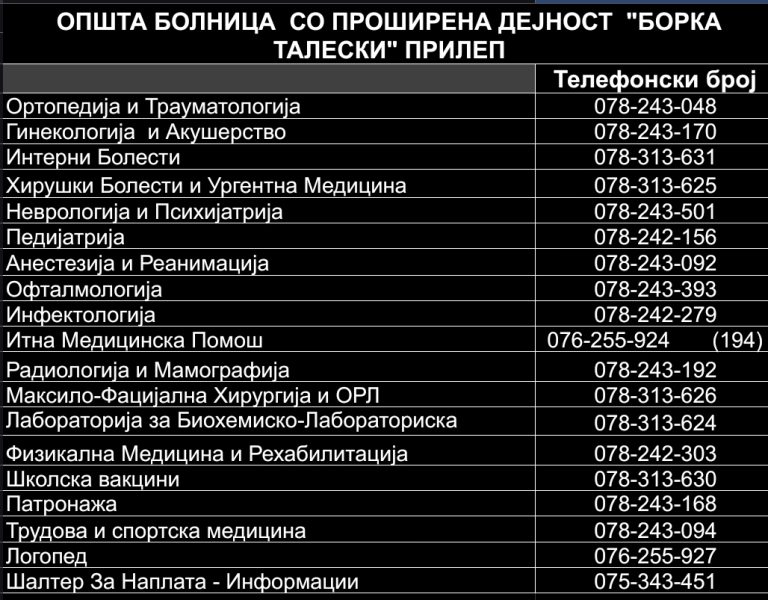 Директни телефонски броеви на одделите на прилепската болница